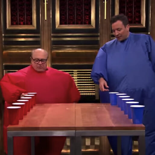 Watch Jimmy Fallon Play Inflatable Flip Cup with Danny DeVito