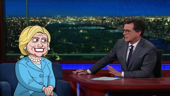 Watch Cartoon Hillary Clinton Make Her First Late Show Appearance, Answer Questions About Emails and Tim Kaine