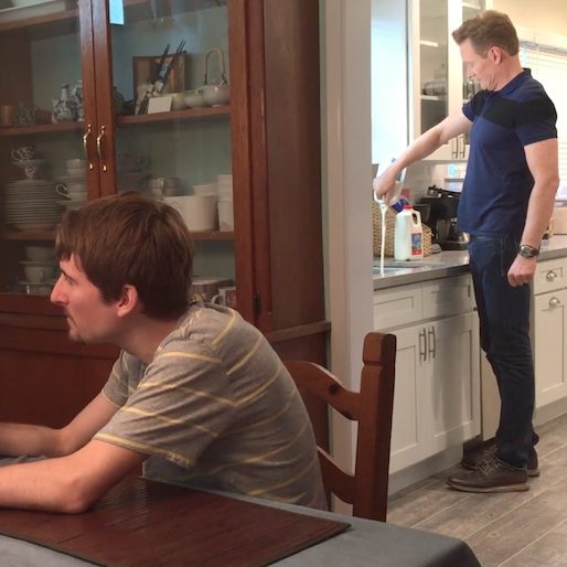 Watch a Woman Tell Her Husband She's Pregnant as Conan O'Brien Pours Milk Down the Sink