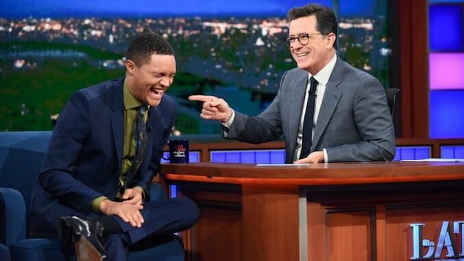 Watch Trevor Noah and Stephen Colbert Try to Trade Presidents on The Late Show