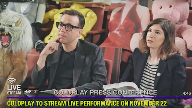 Watch Carrie Brownstein and Fred Armisen Skewer Coldplay in Mock Everyday Life Press Conference